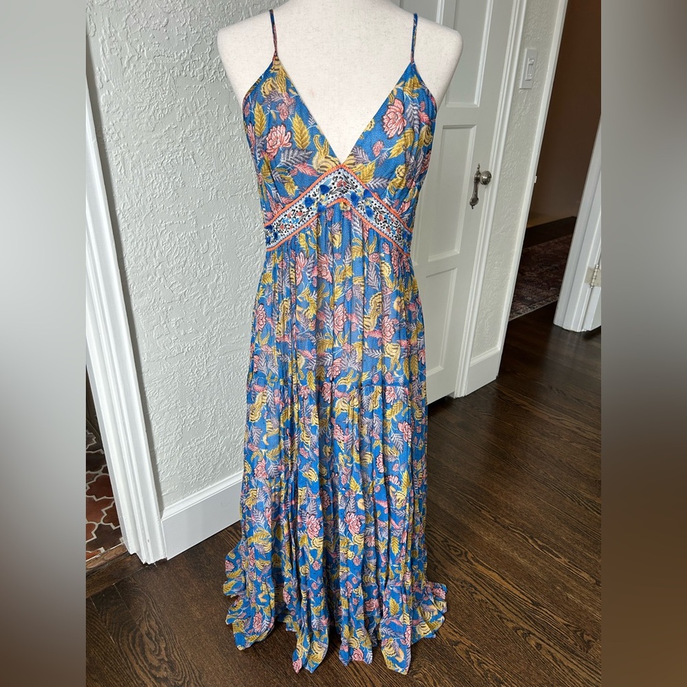 Strapless Floral Maxi Dress in Blue and Pink